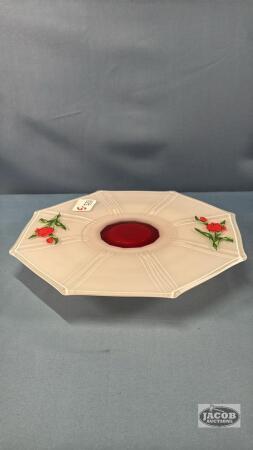 CASED GLASS CAKE PLATE ON RAISED PEDESTAL