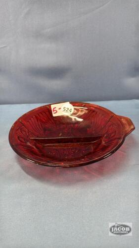 RED GLASS DIVIDED RELISH DISH