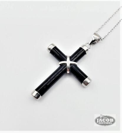 STERLING SILVER BLACK CROSS CABOCHON PENDANT