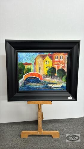 ITALIAN RIVER SCENE PAINTING ON BOARD