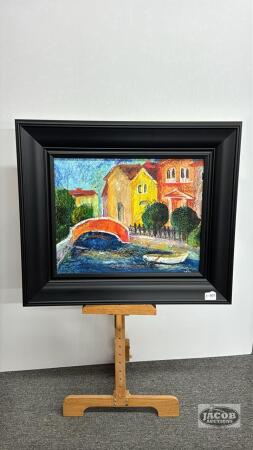 ITALIAN RIVER SCENE PAINTING ON BOARD