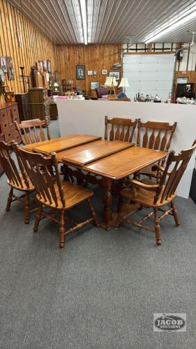 LARGE TABLE, (6) ARROW BACK CHAIRS AND (2) LEAVES