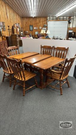 LARGE TABLE, (6) ARROW BACK CHAIRS AND (2) LEAVES