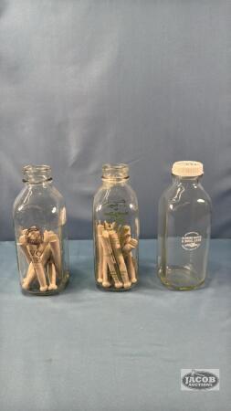 (3) NEWER MILK BOTTLES WITH WOODEN CLOTHES PINS