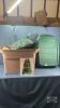 TOTE WITH GREEN TINSEL CHRISTMAS TREE AND STAND