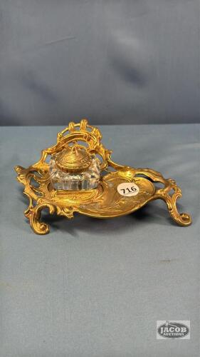 REPRO BRASS INK WELL SET WITH GLASS INSERT