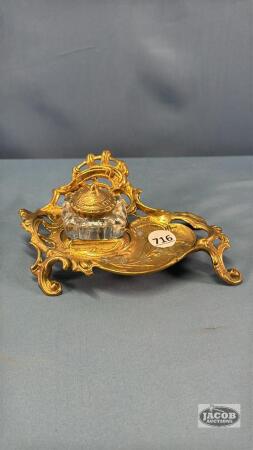 REPRO BRASS INK WELL SET WITH GLASS INSERT