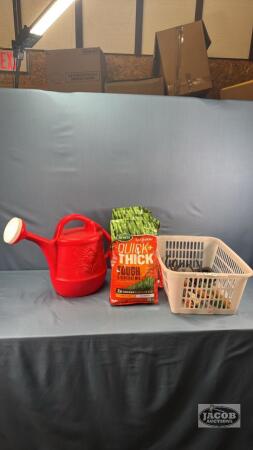 CLOTHES BASKET WITH GRASS SEED AND SPRINKLING CAN