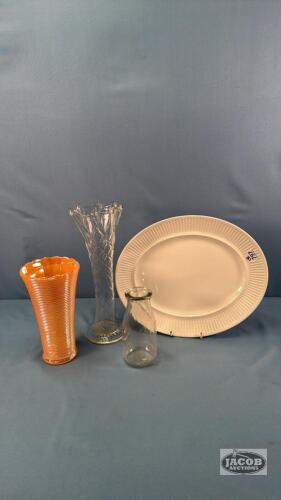 JOHNSON BROS. 12IN OVAL PLATE WITH (2) GLASS VASES