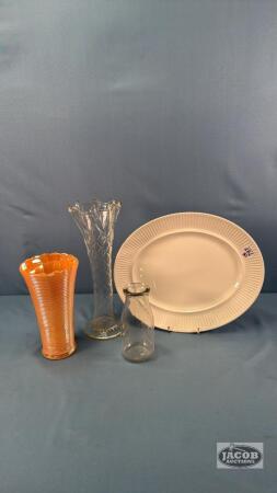 JOHNSON BROS. 12IN OVAL PLATE WITH (2) GLASS VASES