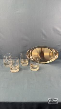 METAL TRAY WITH (4) WISKEY GLASSES