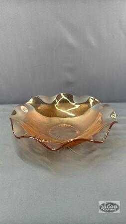 IRIS PATTERN 11IN CARNIVAL GLASS RUFFLED BOWL