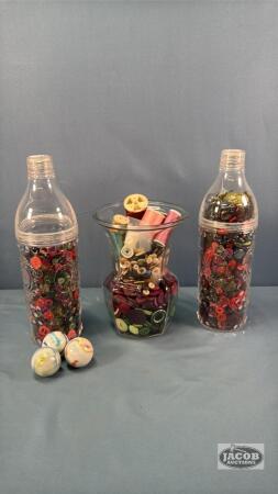(3) CONTAINTERS OF BUTTONS, THREAD AND MARBLES