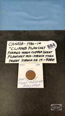 CAN. 1980 ERROR CLIPPED PLANCHET 1CENT COIN