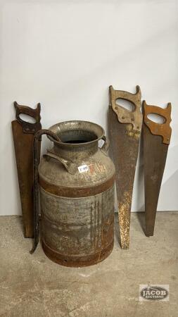 MILK CAN WITH (3) HAND SAWS AND (1) PRY BAR