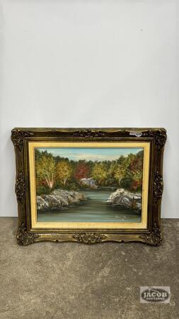 FRAMED AUTUMN SCENE ON BOARD BY DORIS CLARK