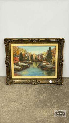 FRAMED AUTUMN SCENE ON BOARD BY DORIS CLARK