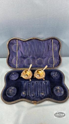 (2) SILVER PLATE FOOTED SALT CELLS WITH SPOONS