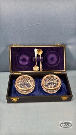 PAIR OF GLASS SALT CELLS WITH STERLING SILVER RINGS