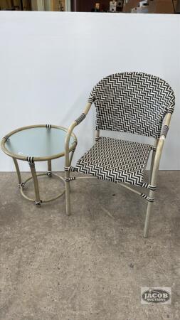 PATIO CHAIR AND MATCHING 20IN WIDE GLASS TOP TABLE