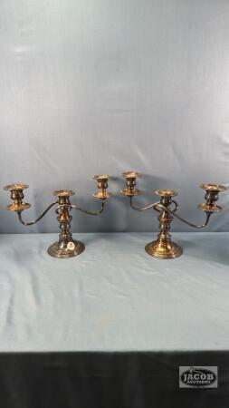 PAIR OF SILVER PLATE TRIPLE CANDLELABRA
