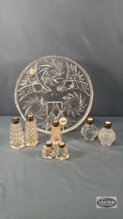 (3) SETS OF SALT AND PEPPERS ON A 10IN GLASS PLATE