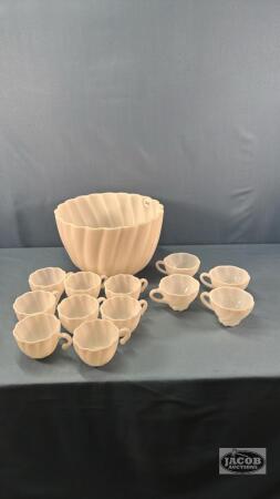 MILK GLASS PUNCH BOWL WITH 12 CUPS