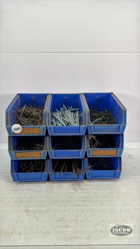 (9) PLASTIC BINS WITH QUANTITY OF NAILS