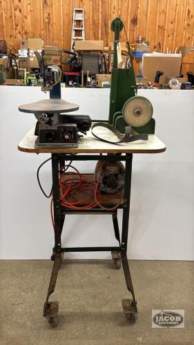 RYOBI SCROLL SAW AND BELT SANDER ON ROLLING TABLE