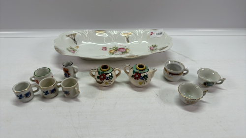 Qty of Miniature Cups in Hand Painted Celery Dish