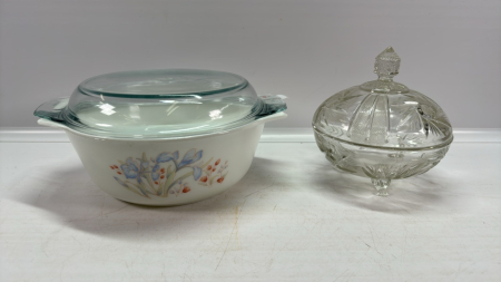 9in Pyrex Casserole & Pinwheel Glass 6in Wide Bowl