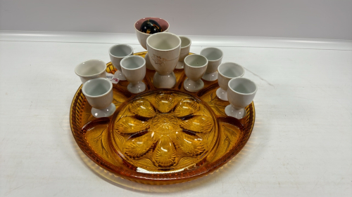 Amber Coloured Devilled Egg Tray & 11 Egg Cups