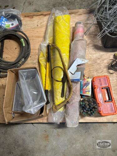 Misc. Lot of chalk, toolbox, saw, plastic rolls