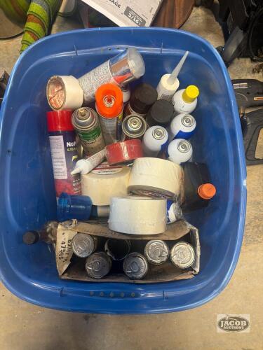 Box of paint , tape , grease , misc