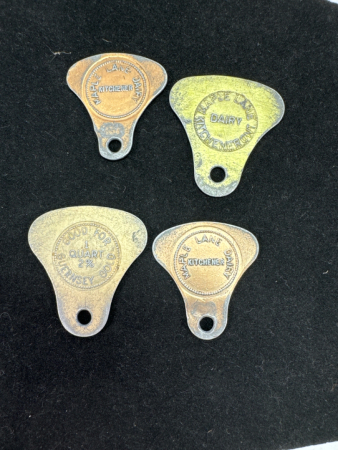 4 Metal Maple Lane Milk Bottle Tokens