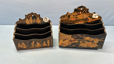 2 Lacquered Letter Holders with Asian Style Décor