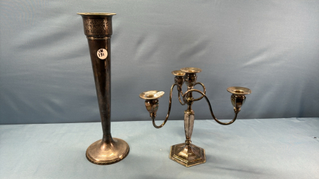 Silver Plate 10in Candelabra and 15in Vase