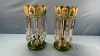 2 Enamelled Green Overlay Glass Lustres w/ Prisms
