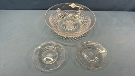 10in Glass Bowl and 2 -5in Etched Glass Plates