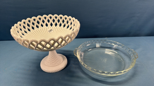 Antique Milk Glass Pedestal Bowl & Pyrex Pie Plate