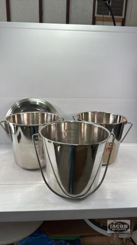 (3) 10L STAINLESS PAILS WITH (2) UNMATCHED LIDS