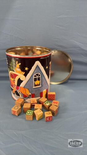 TIN WITH CHILDRENS WOODEN ALPHABET BLOCKS