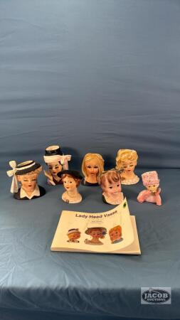 (7) LADY HEAD VASES WITH BOOK