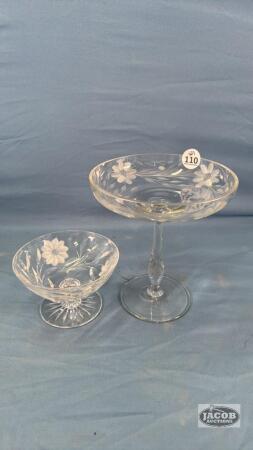 (2) ETCHED FLOWER GLASS PEDESTAL DISHES