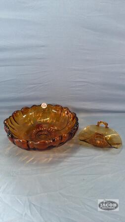 11IN FOOTED AMBER BOWL & 6IN AMBER CANDY DISH
