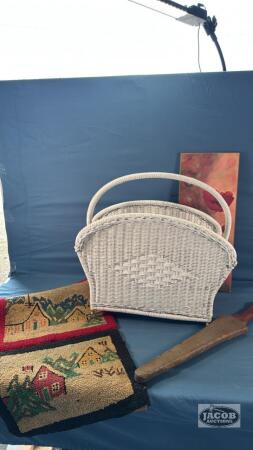 WICKER MAGAZINE RACK WITH CONTENTS