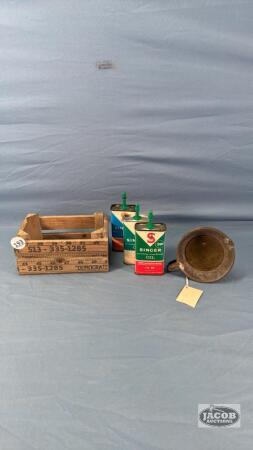 (3) SINGER OIL CANS & METAL FUNNEL