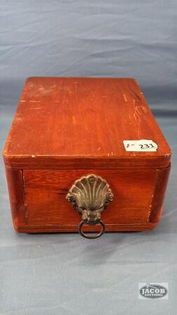 WOODEN BOX WITH LID AND FALSE DRAWER FRONTS