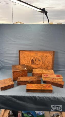 COLLECTION OF (7) BURNT DECOR WOODEN BOXES
