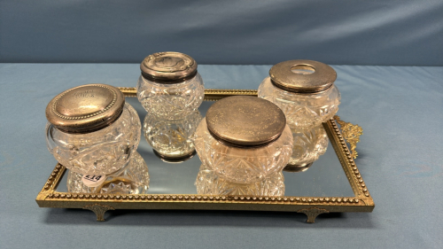 4 Cut Glass Dresser Jars with Sterling Silver Tops